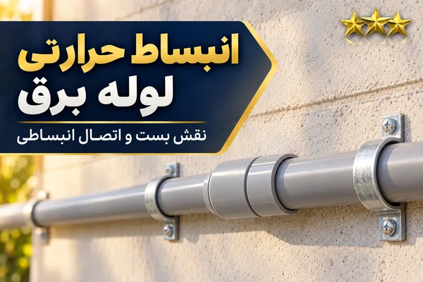 تصویر مفهومی انبساط حرارتی لوله برق PVC با عنوان فارسی و لوگوی سه ستاره